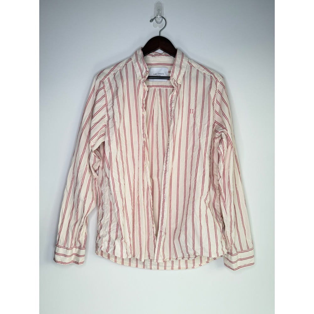Les Deux Kristian Stripe Shirt Revolve 100% Cotton Minimalist Mens L Red Cream